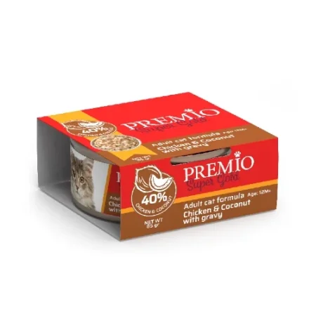 שימורי פרמיו סופר גולד חתול נתחוני עוף וקוקוס 85 גרם