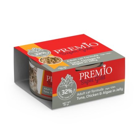פרמיו מעדן לחתול בוגר-נתחוני טונה,עוף ואצות בג'לי 85 גרם
